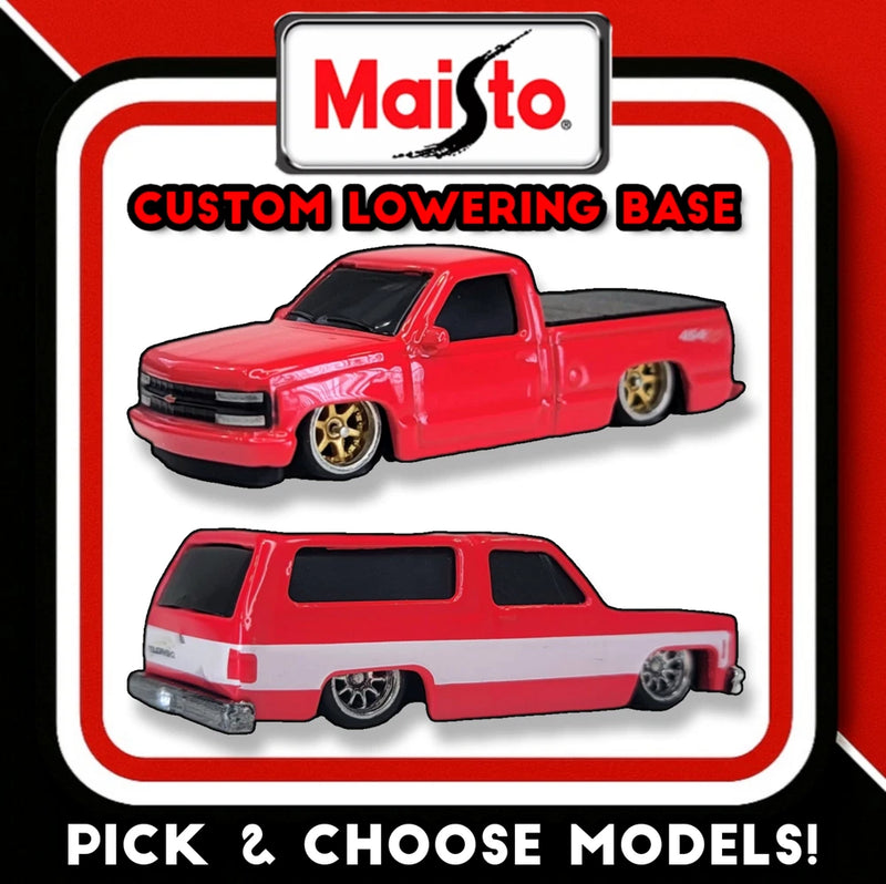 Maisto custom lowering base packaging with red pickup model car and second chassis model
