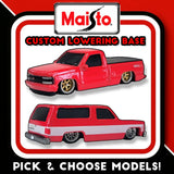 Maisto custom lowering base packaging with red pickup model car and second chassis model