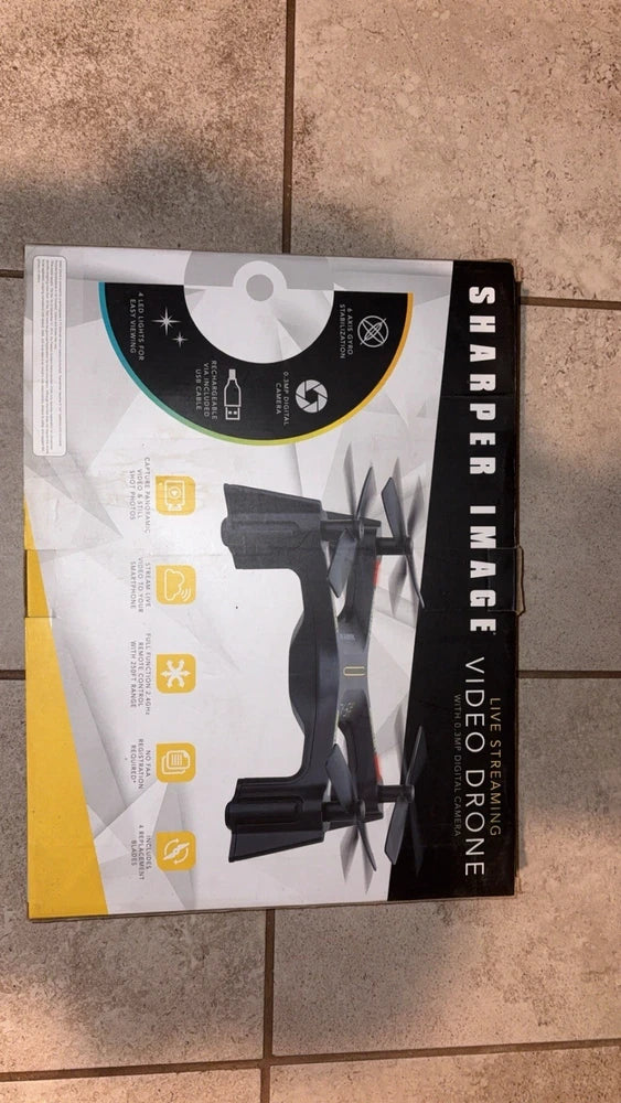 Sharper Image video drone box with pictured quadcopter and front label