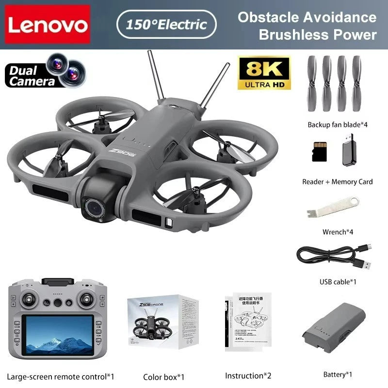 Grey 8K dual-camera drone with four propellers and front camera lens