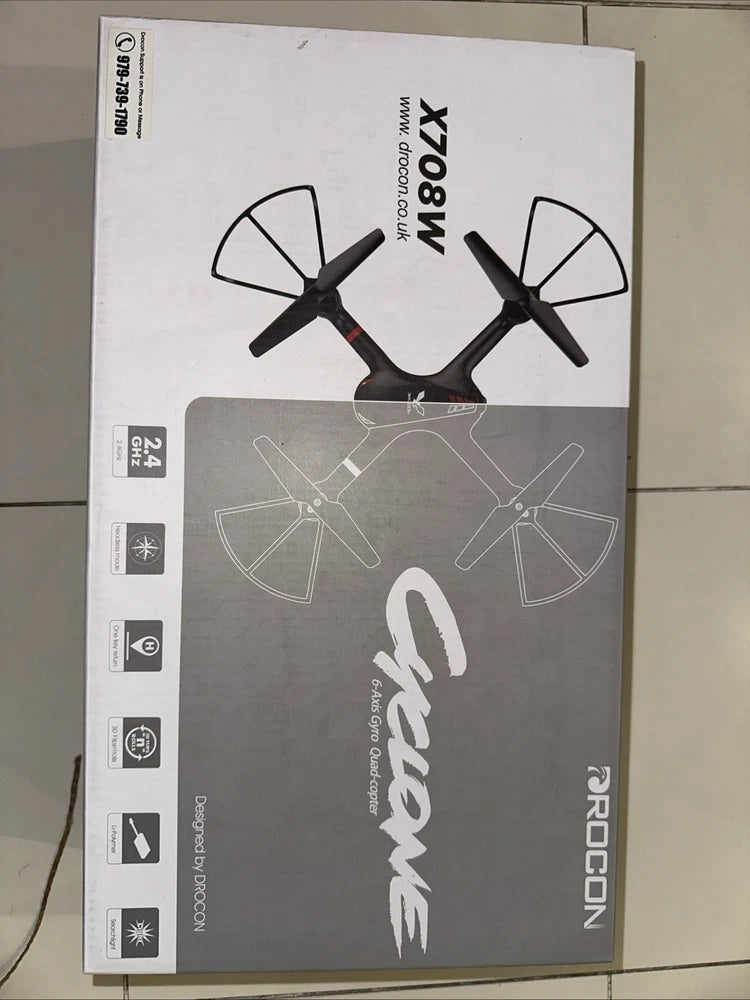 Beginner quadcopter drone retail box with X708W and drone graphic, gray and white
