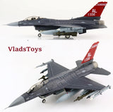 Dark gray F-16C scale model with red tail markings, shown in side and angled view