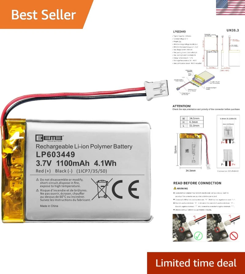 Compact 3.7V Rechargeable Lithium Battery 1100mAh for Smart Devices & Cameras Battery