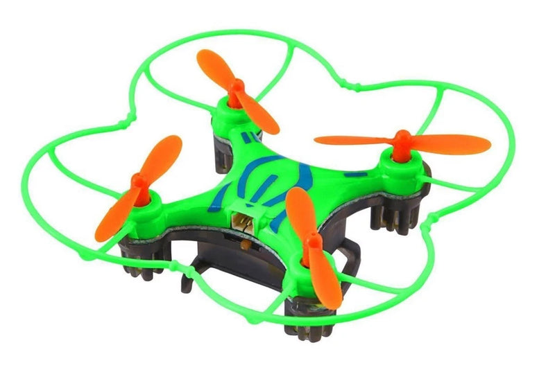 Pocket air drone quadcopter with green body and four orange propellers