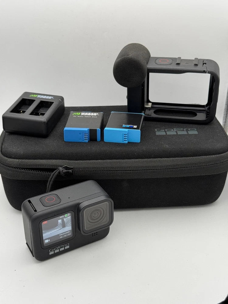 GoPro action camera kit in black case with camera, foam mic, and two blue batteries