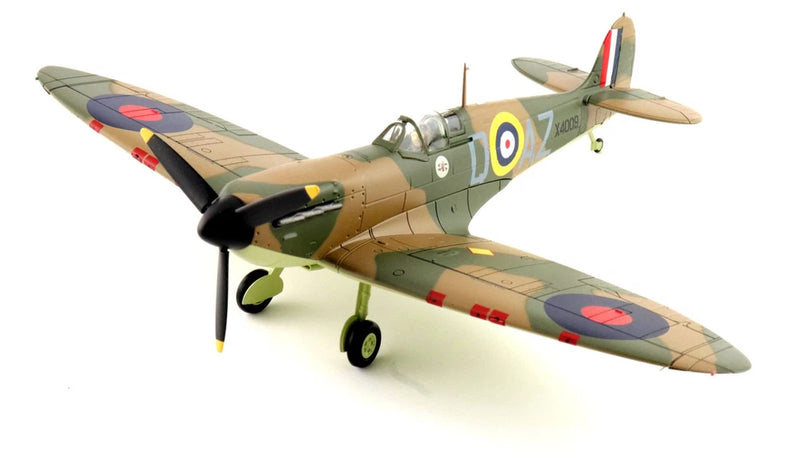 1:48 Spitfire Mk. I model plane in RAF camouflage with roundels, propeller, gear