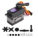 Black RC digital steering servo, 42KG HV, with horn and mounting hardware