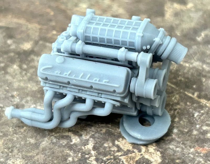 Light gray resin supercharged big block engine with intake, pipes, and blower for scale models