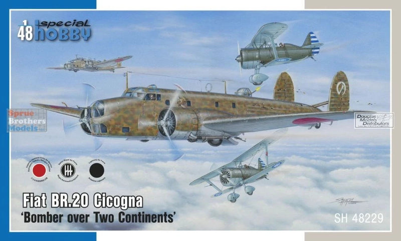 Fiat BR.20 Cicogna model kit box art, bomber over two continents plane illustration