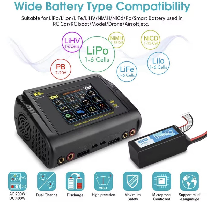 HTRC K6+ Lipo Battery Charger DC 400W AC 200W 12Ax2 RC Discharger For LiHV LiFe Battery