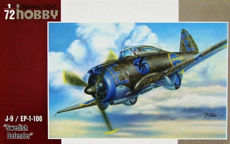 1:72 model kit box featuring Swedish Defender jet aircraft artwork, blue and green