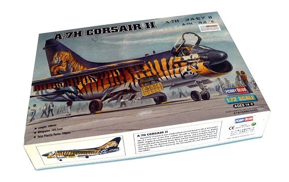 HobbyBoss 1/72 A-7H Corsair II model kit box with tiger-striped aircraft artwork