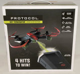 Interactive battling drone retail box with illustrated quadcopter and feature icons