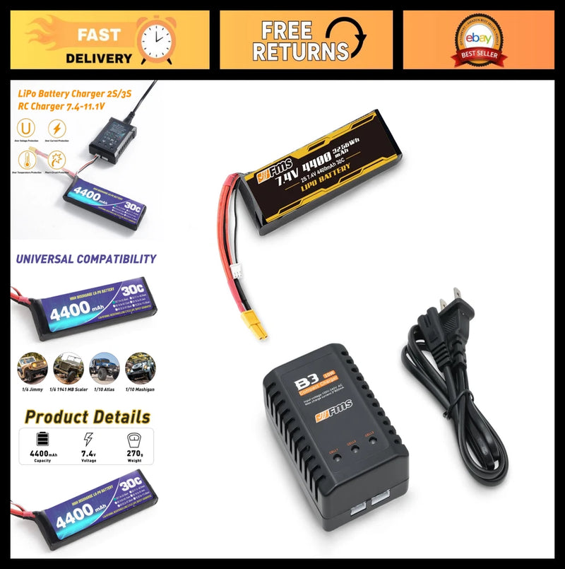 2S 7.4V 4400mAh Lipo Battery & Charger Set for 1/10 RC Cars, Atlas, FJ40, Jimny Battery