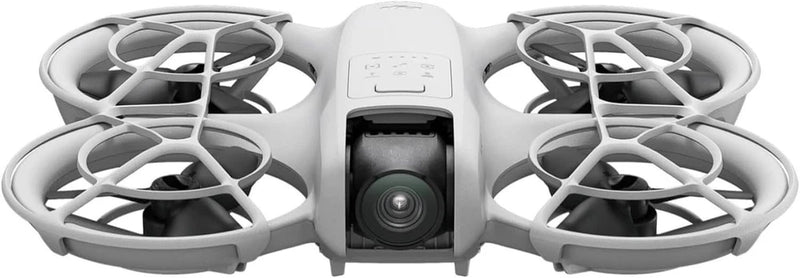 Compact quadcopter drone with white frame and front camera, four propeller arms