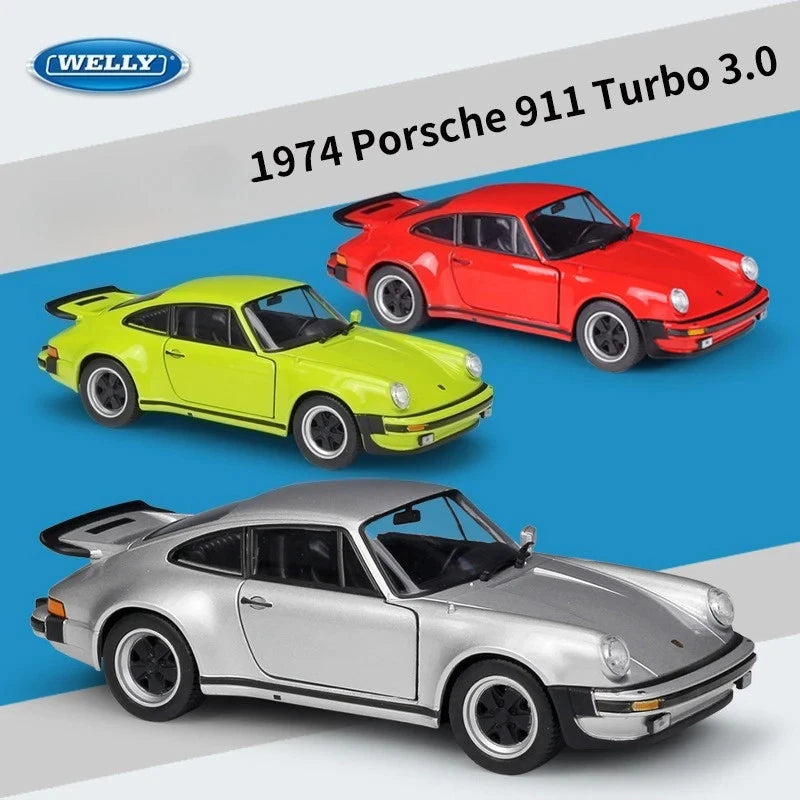 WELLY 1:24 alloy Porsche 911 Turbo 3.0 car model in red, green, and silver