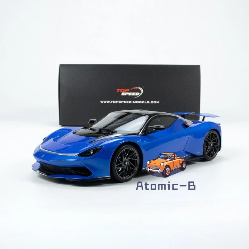 1:18 resin model sports car, blue with black hood and front aero details