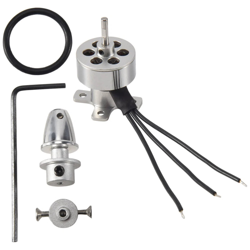 Brushless outrunner motor with mounting hardware, O-ring and three black wire leads