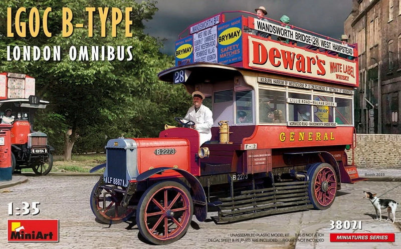 Red and blue vintage London omnibus model bus with detailed signage and wheels