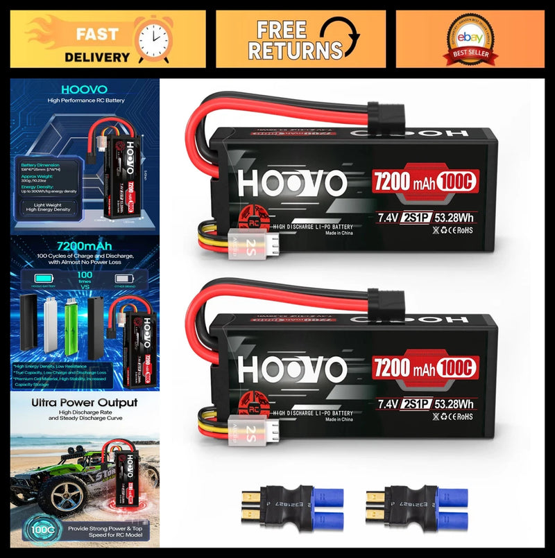 High-Performance 2S Lipo Battery 7.4V 7200mAh 100C RC Battery Pack TR Plug - 2 P Battery