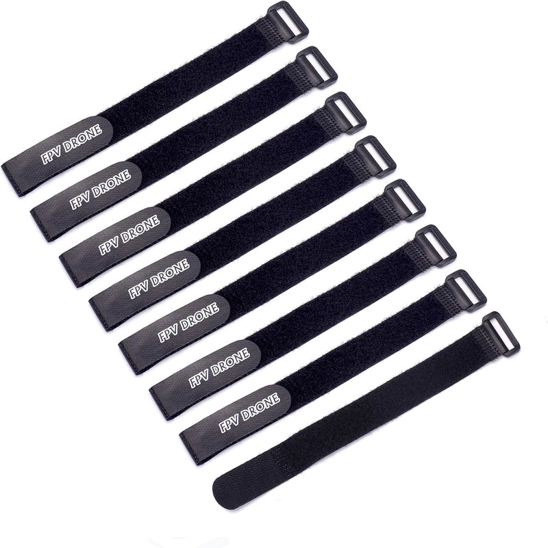 Set of 8 black battery straps with metal buckles and non-slip rubberized texture