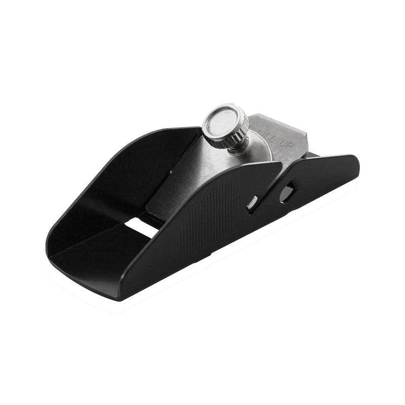 Compact palm-size hobby plane with metal body and black handle, blade slot