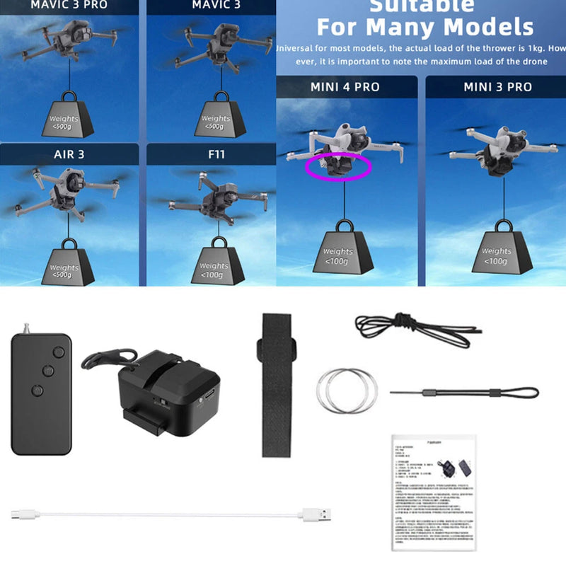 Drone release device accessory kit with black launcher module, cable, tether, and manual