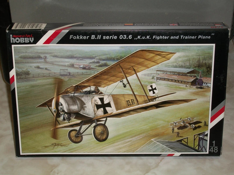 1/48 Fokker B.II biplane model kit box art, K.u.K. fighter and trainer plane