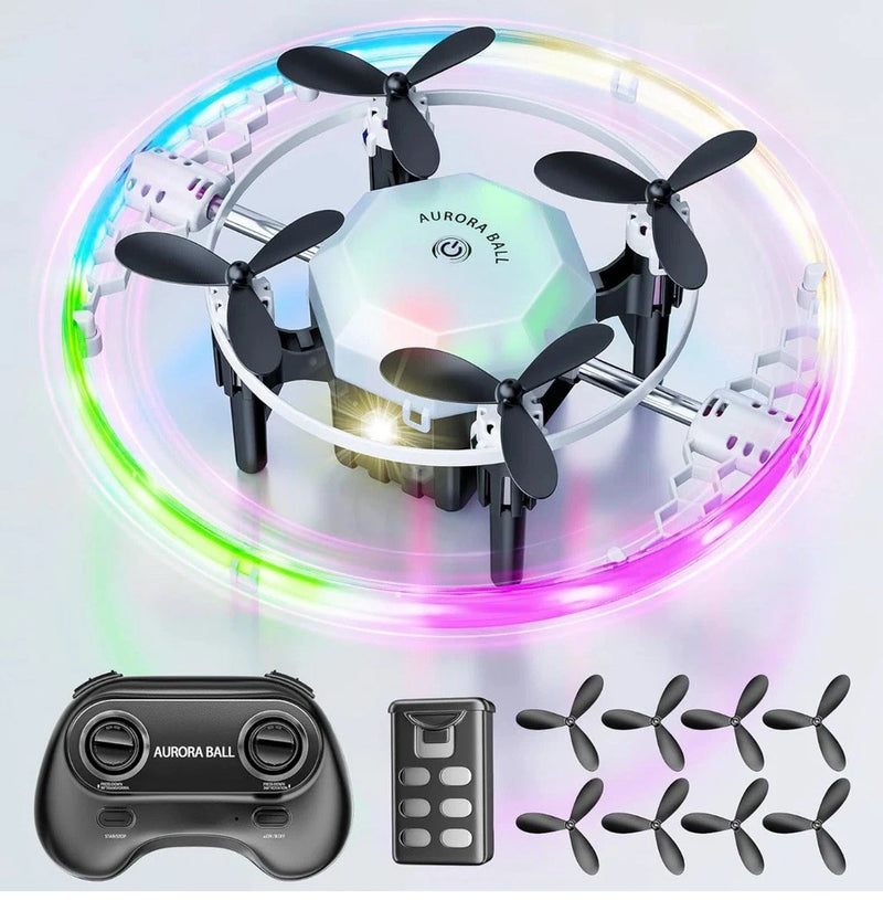 Mini RC quadcopter drone with Aurora ball cover, remote controller, and extra propellers