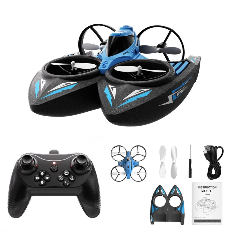 Mini remote control drone kit with blue-and-black quadcopter, controller, spare props, manuals