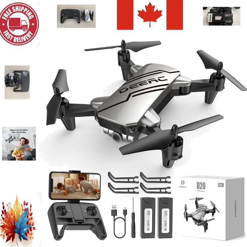 Foldable kids drone with 4 rotors and camera, gray body and protective guards