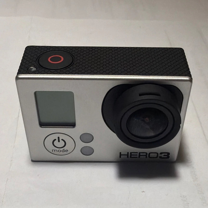 GoPro HERO3 action camera with black lens and silver front panel, power and mode buttons