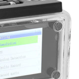 Black action camera with front LCD screen and side control buttons, waterproof housing