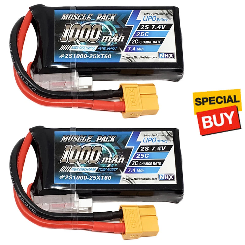 Two black LiPo battery packs with red leads and yellow XT60 connectors, 1000mAh each