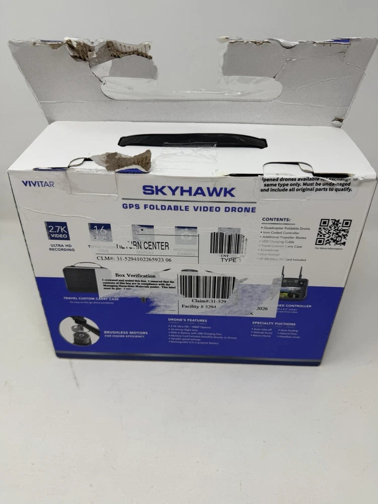 VIVITAR SKYHAWK foldable GPS video drone retail box, grey and black, 2.7K branding
