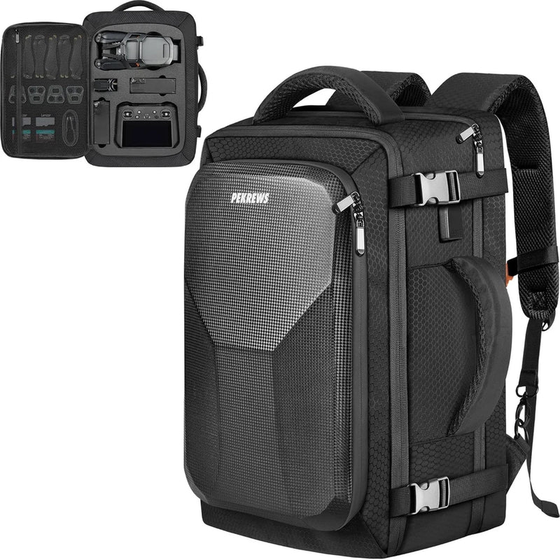 Black drone carry case bag with top handle, front buckles, PERREWS logo patch.