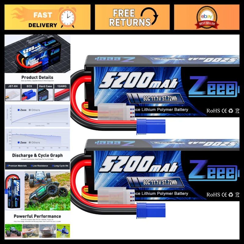 High-Performance 11.1V 80C 5200mAh 3S Lipo Battery EC5 Connector - 2 Pack Battery