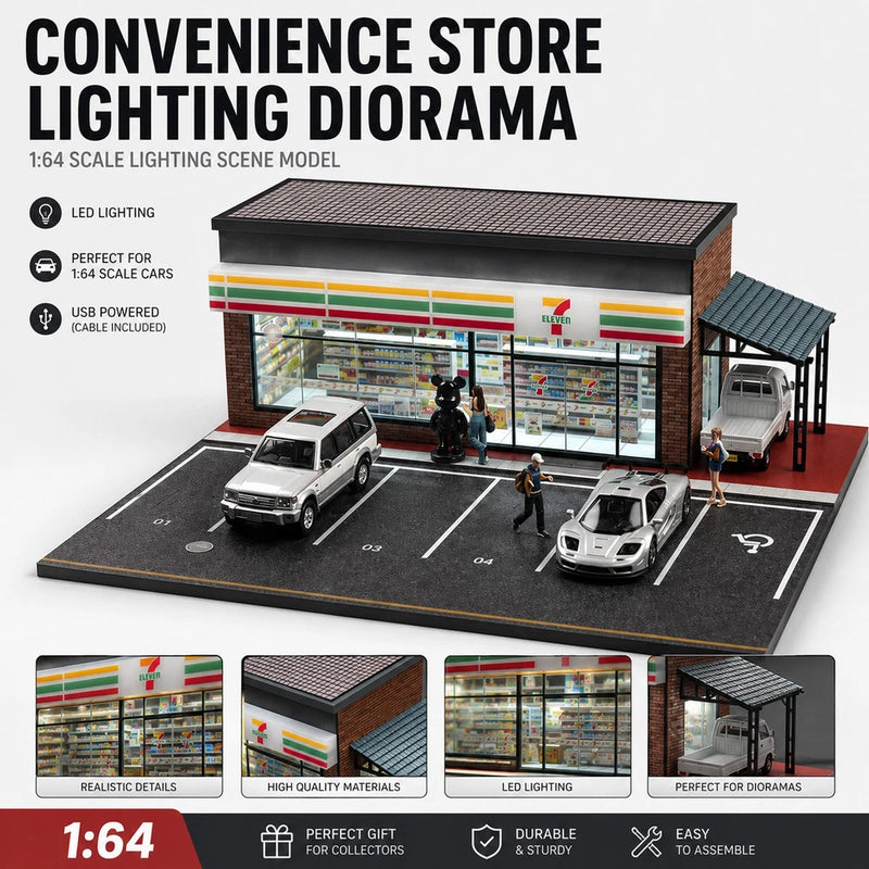 1/64 Diorama Diecast Car Garage Model LED Light Street Building Shops Scene Case