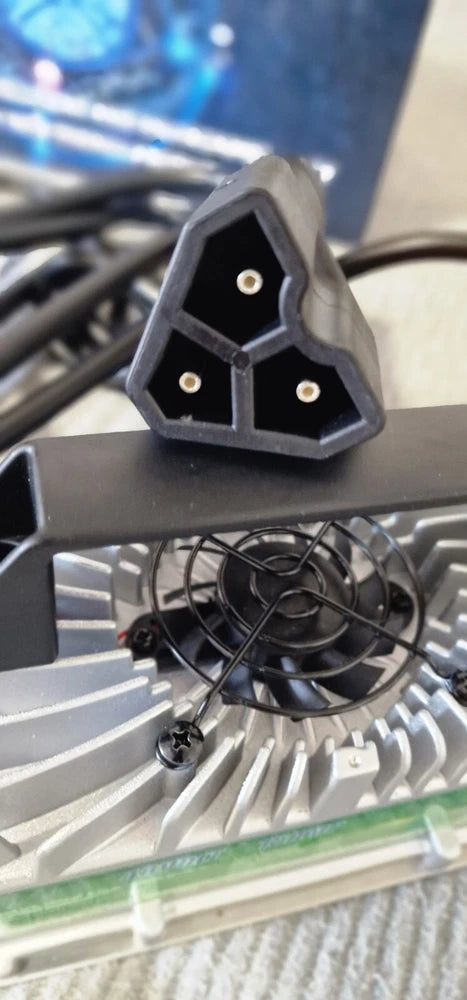 3-pin triangular charger plug with cooling fan and heat-sink fins