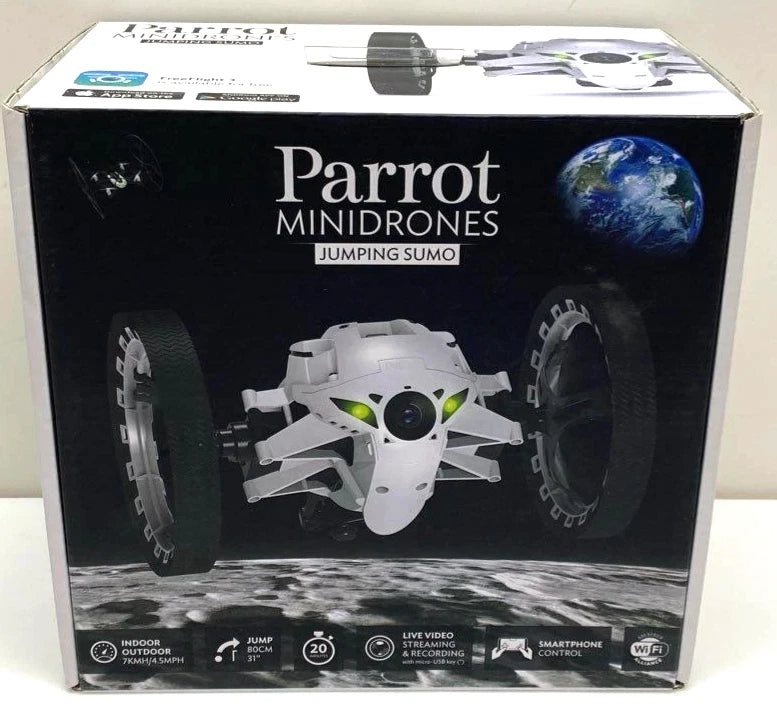 White mini jumping sumo drone with green eye lights in retail box packaging
