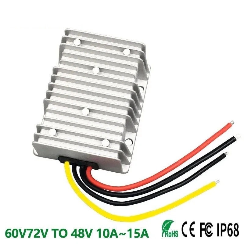 DC-DC buck converter module with silver aluminum heatsink and red/black/yellow wire leads