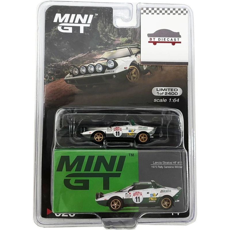 1/64 die-cast rally car model in blister pack, white with green #11 decals, MINI GT