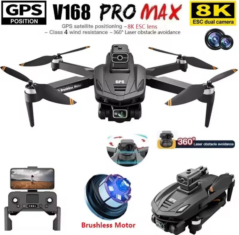 Black GPS drone with dual cameras, 8K 5G, obstacle avoidance, foldable arms.