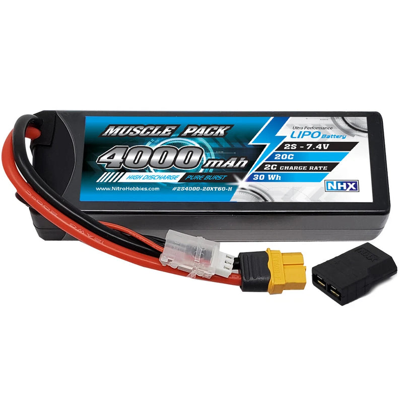 Hard case LiPo battery with blue label, red XT60 and black Traxxas adapter