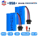 2pcs 7.4V 700mAh Li-ion Battery SM-4P Plug for RC Boat Car Truck w/ USB Charger
