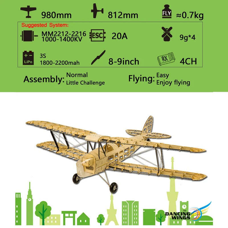 Balsa wood RC airplane model with tiger moth pattern, dual wings and landing gear