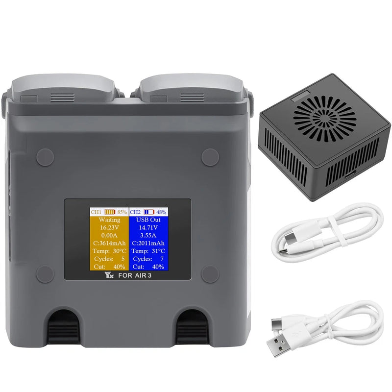 LCD battery charging station with two slots and USB charging cables