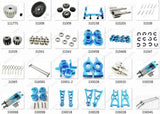 Blue aluminum alloy RC car upgrade parts kit with gears, hubs, axles, screws