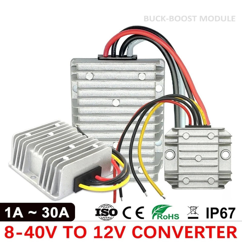 DC buck-boost converter module with heatsinks and red/black/yellow wires, 8–40V to 12V
