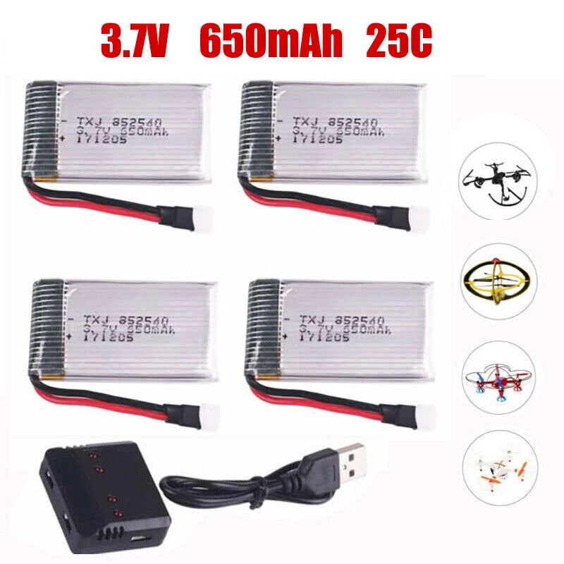 4pcs 3.7V Lipo Battery 650mAh W/ USB Charger & Cable For RC Drone Airplane Toys